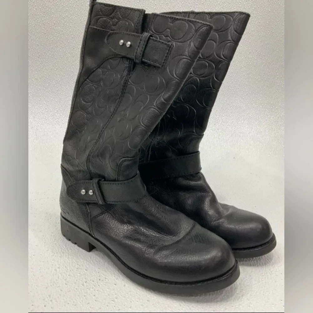 COACH DESIGNER Virginia Black Leather Signature Embossed Riding Boots Sz 10